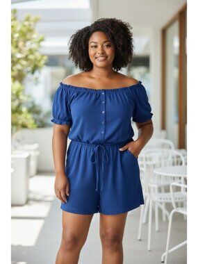 BP Women's Blue Off-The-Shoulder Romper XL 100% Cotton With Pockets & Button Fro